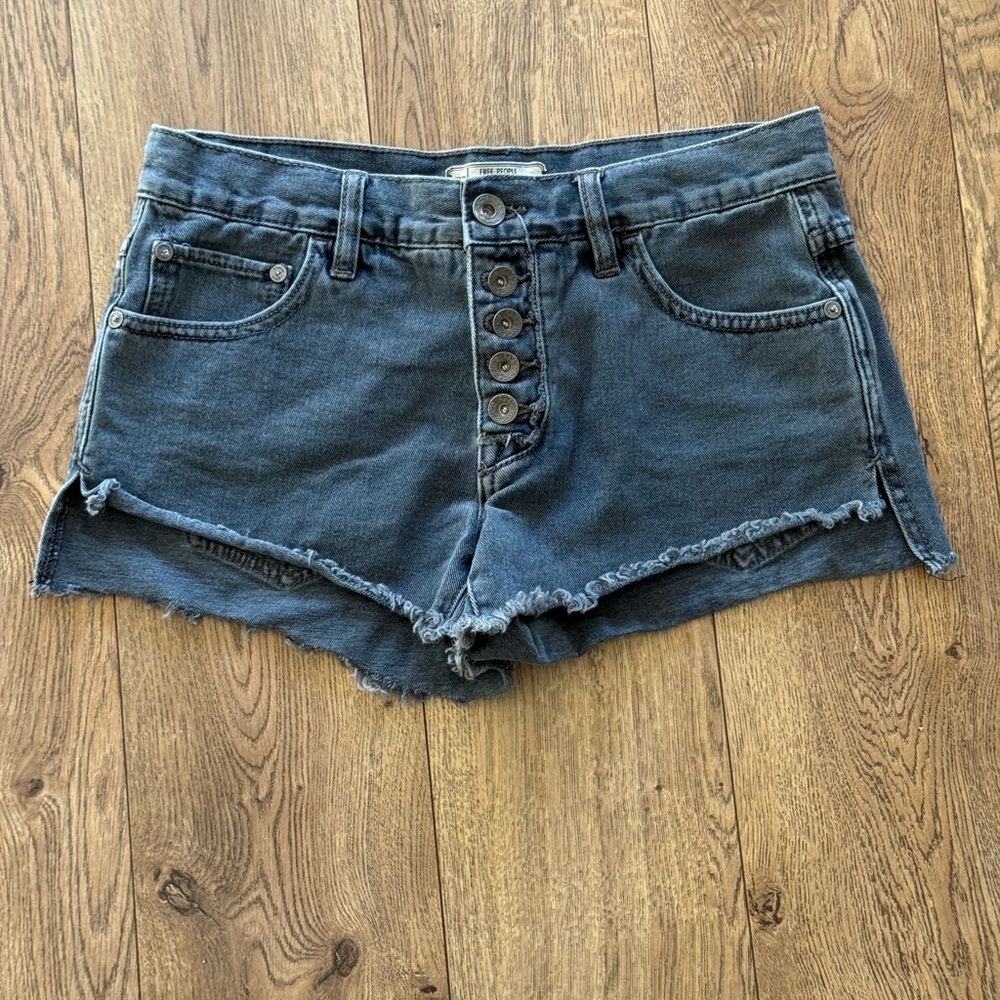 Free People Dark Blue Gray Jean Shorts with Button Detail